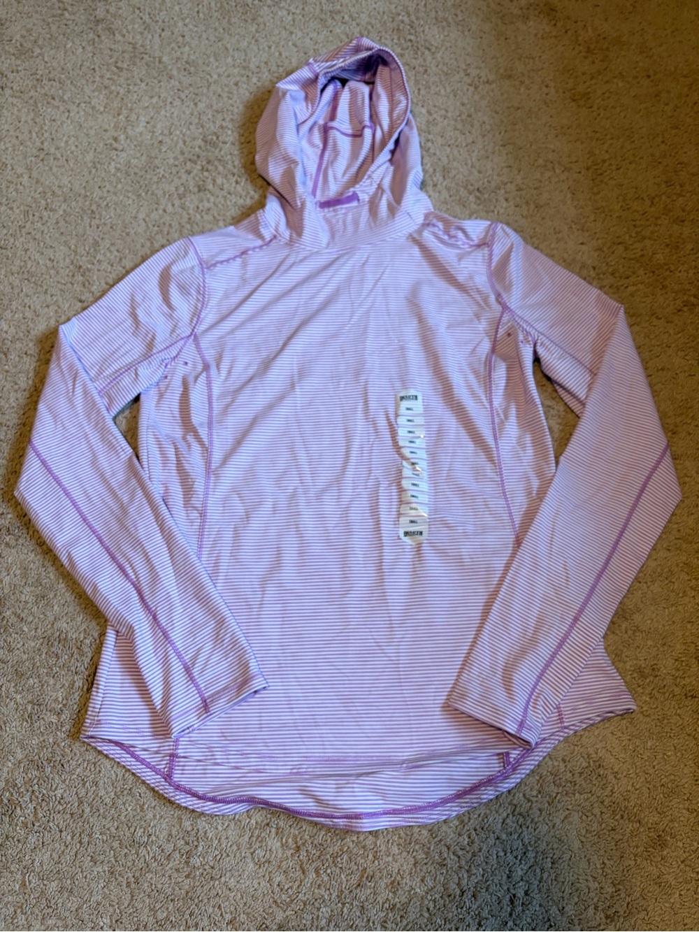 Duluth Trading Pier Genius Hooded Pullover NWT Small Purple Stripe Performance